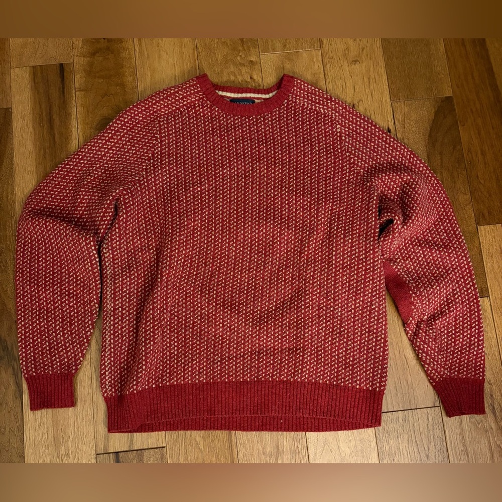 Lands' End Red and Cream Birds Eye Knit Crewneck Sweater with Elbow patches L